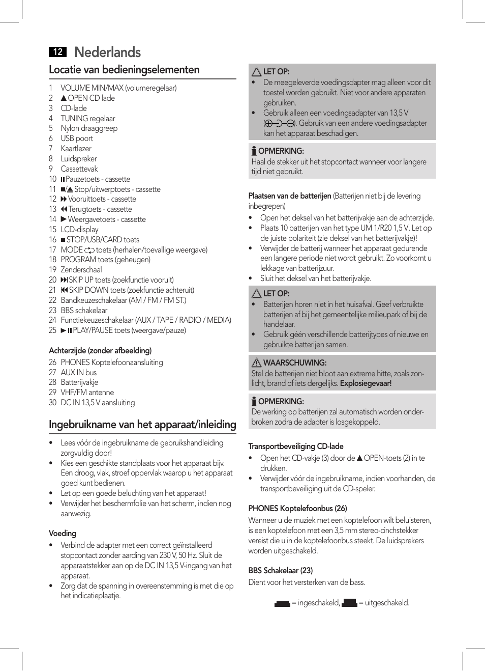 Nederlands, Locatie van bedieningselementen, Ingebruikname van het apparaat/inleiding | AEG SRP 4335 CD-MP3 User Manual | Page 12 / 70