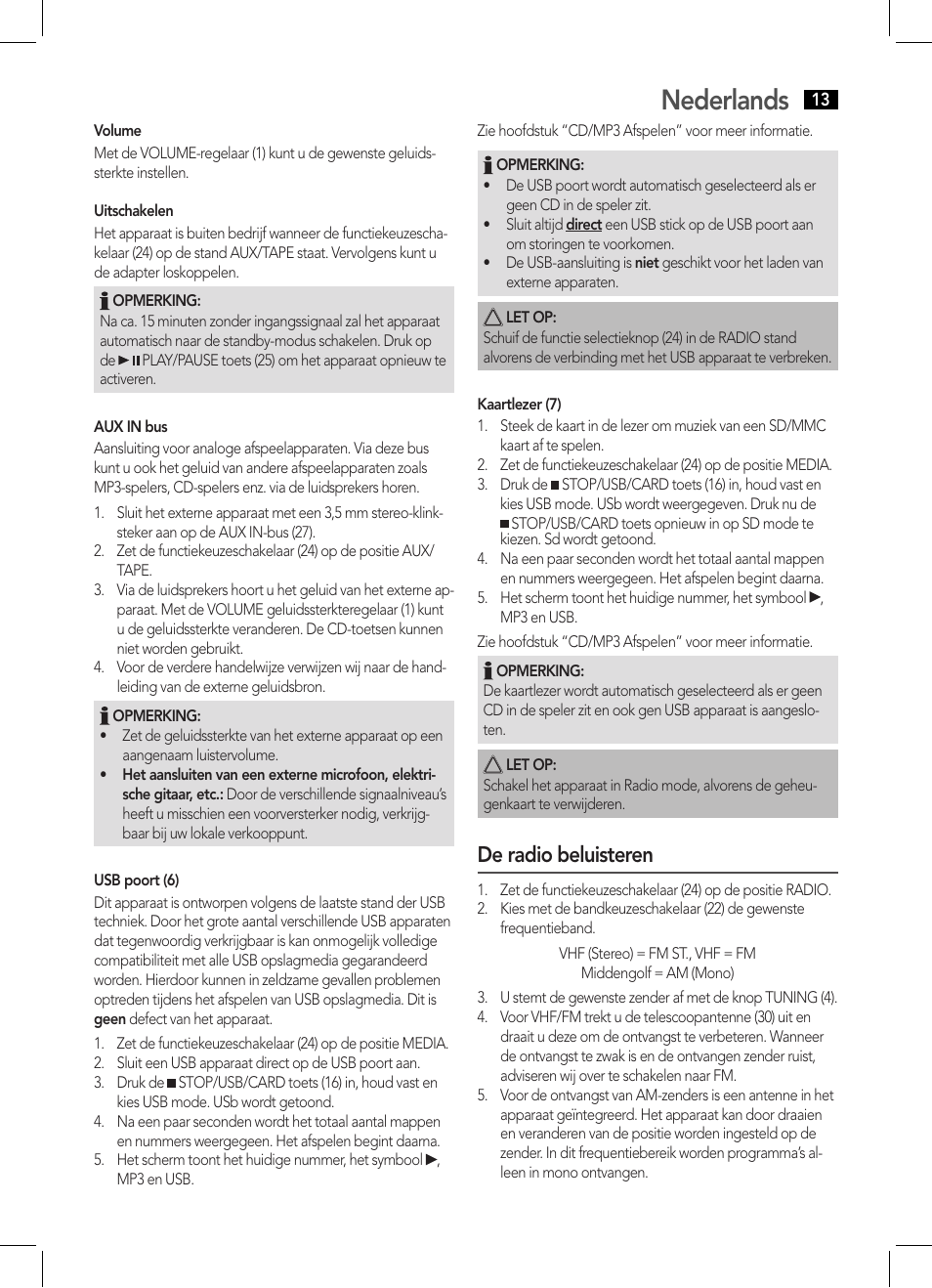 Nederlands, De radio beluisteren | AEG SRP 4335 CD-MP3 User Manual | Page 13 / 70