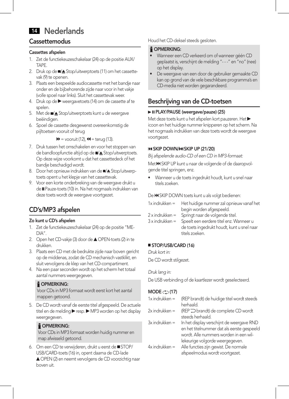 Nederlands, Cassettemodus, Cd’s/mp3 afspelen | Beschrijving van de cd-toetsen | AEG SRP 4335 CD-MP3 User Manual | Page 14 / 70