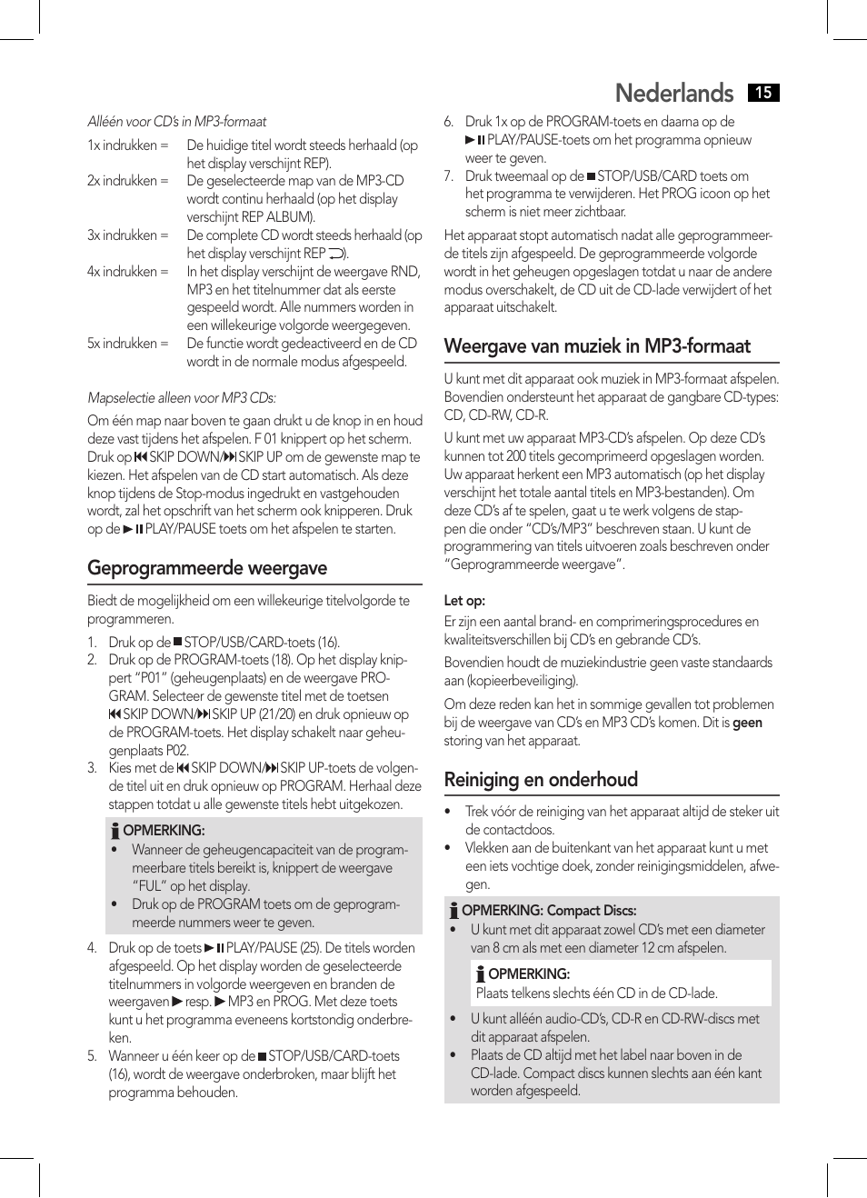 Nederlands, Geprogrammeerde weergave, Weergave van muziek in mp3-formaat | Reiniging en onderhoud | AEG SRP 4335 CD-MP3 User Manual | Page 15 / 70
