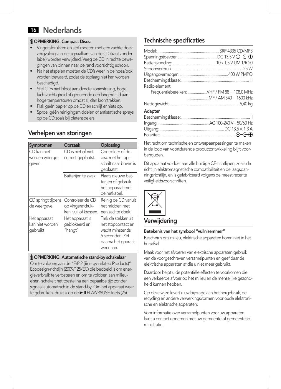 Nederlands, Verhelpen van storingen, Technische specificaties | Verwijdering | AEG SRP 4335 CD-MP3 User Manual | Page 16 / 70