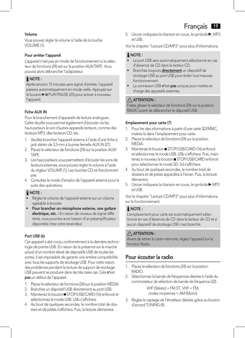 Français, Pour écouter la radio | AEG SRP 4335 CD-MP3 User Manual | Page 19 / 70