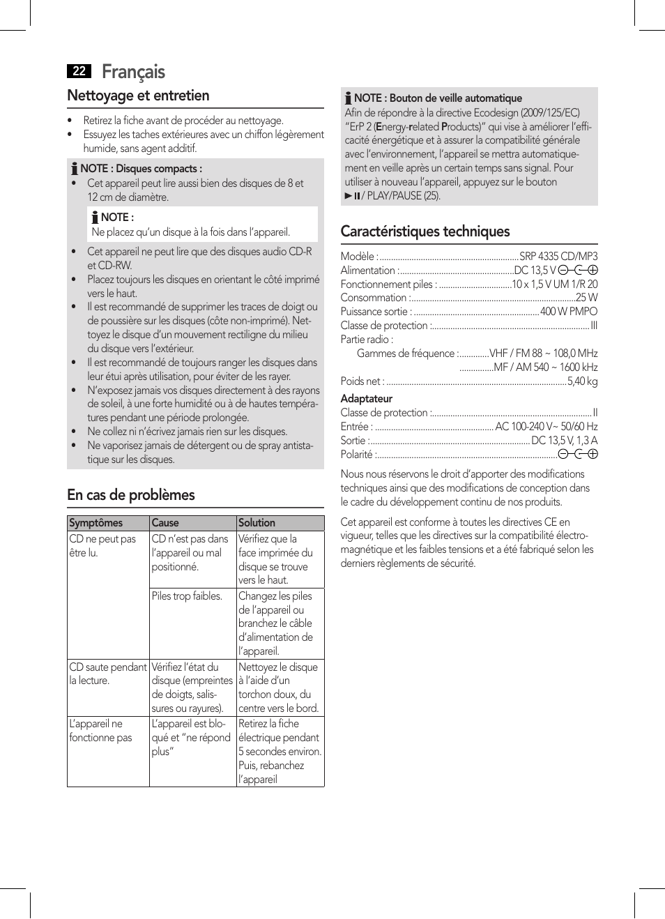 Français, Nettoyage et entretien, En cas de problèmes | Caractéristiques techniques | AEG SRP 4335 CD-MP3 User Manual | Page 22 / 70