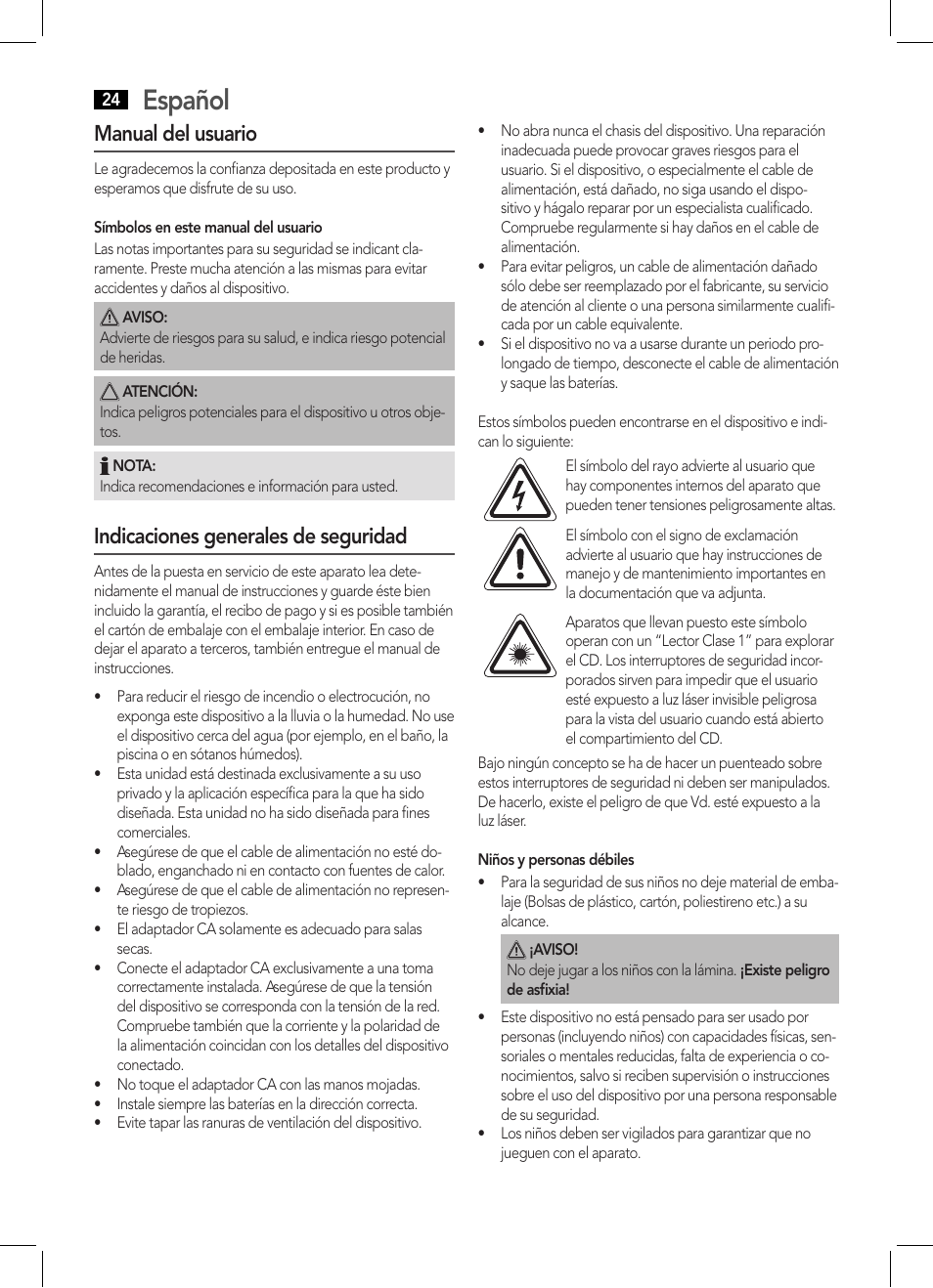 Español, Manual del usuario, Indicaciones generales de seguridad | AEG SRP 4335 CD-MP3 User Manual | Page 24 / 70