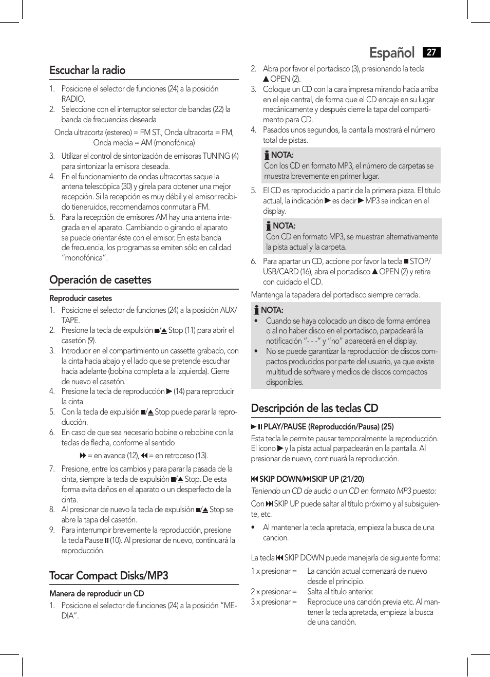 Español, Escuchar la radio, Operación de casettes | Tocar compact disks/mp3, Descripción de las teclas cd | AEG SRP 4335 CD-MP3 User Manual | Page 27 / 70