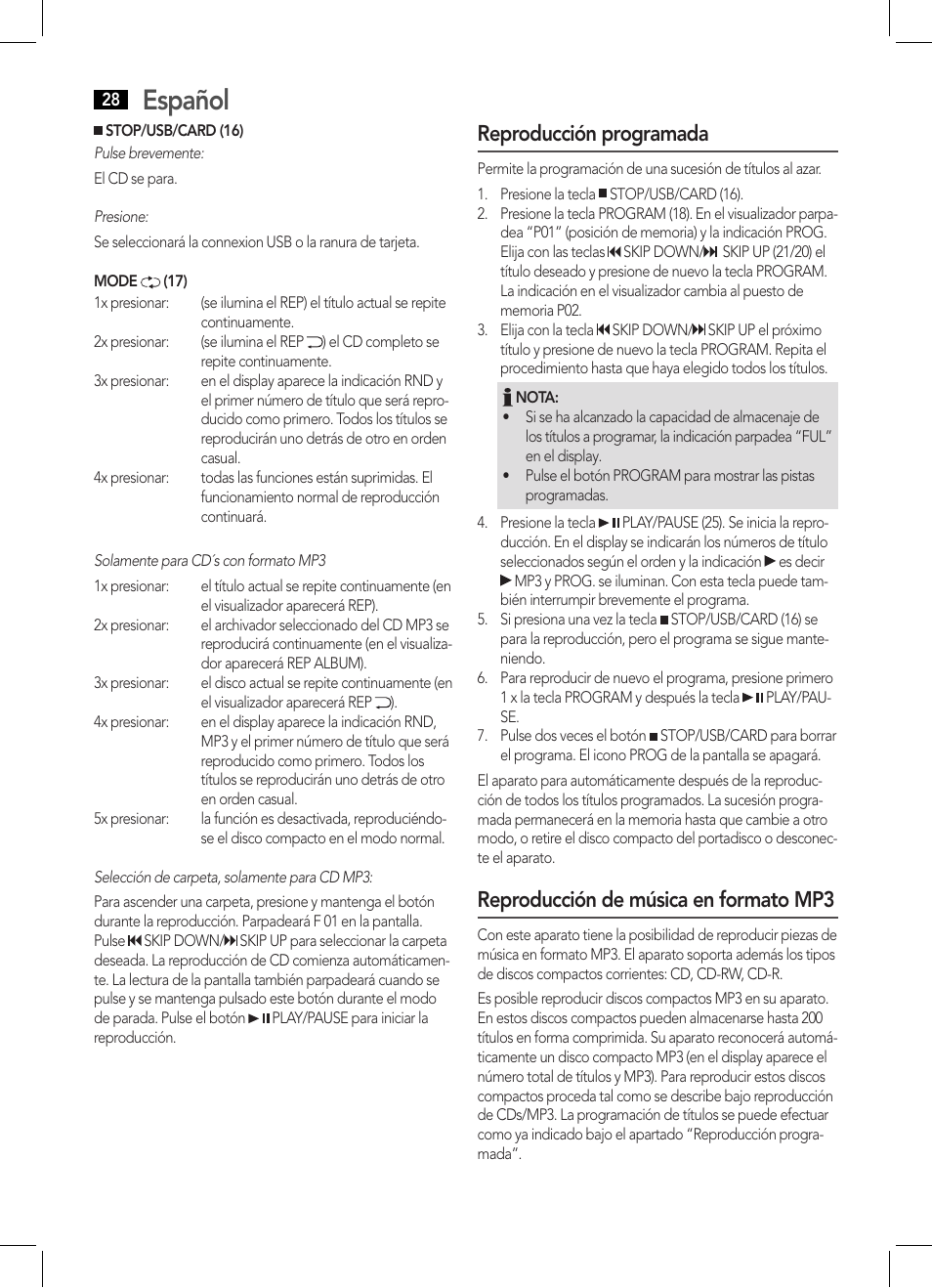 Español, Reproducción programada, Reproducción de música en formato mp3 | AEG SRP 4335 CD-MP3 User Manual | Page 28 / 70