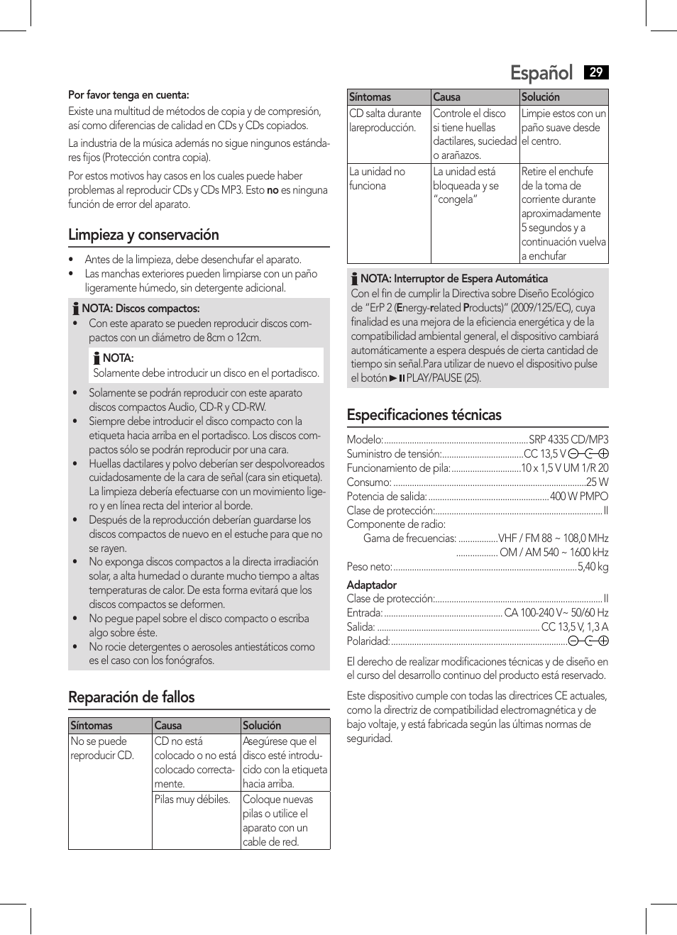 Español, Limpieza y conservación, Reparación de fallos | Especificaciones técnicas | AEG SRP 4335 CD-MP3 User Manual | Page 29 / 70