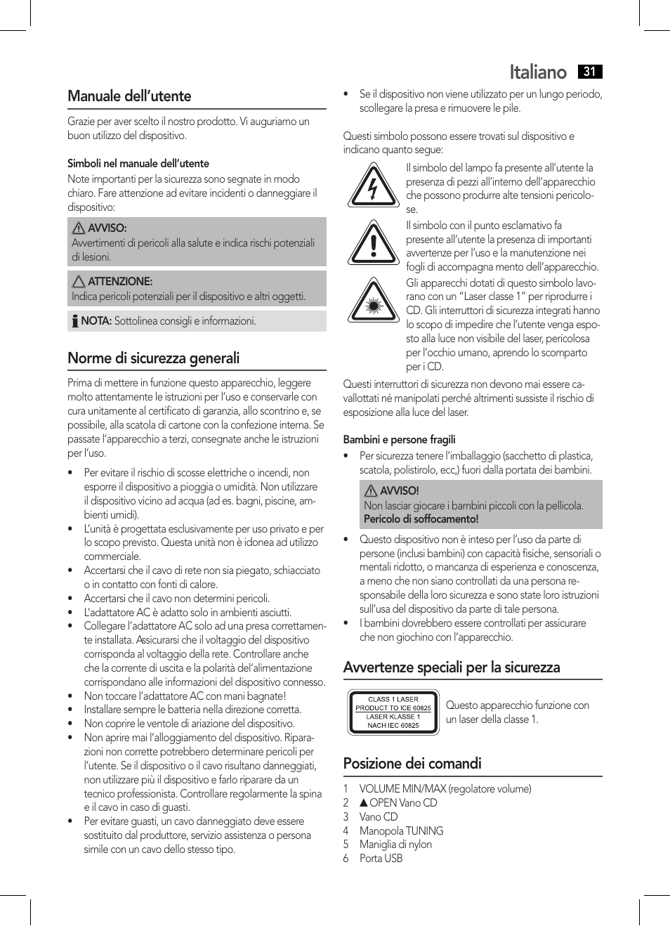 Italiano, Manuale dell’utente, Norme di sicurezza generali | Avvertenze speciali per la sicurezza, Posizione dei comandi | AEG SRP 4335 CD-MP3 User Manual | Page 31 / 70
