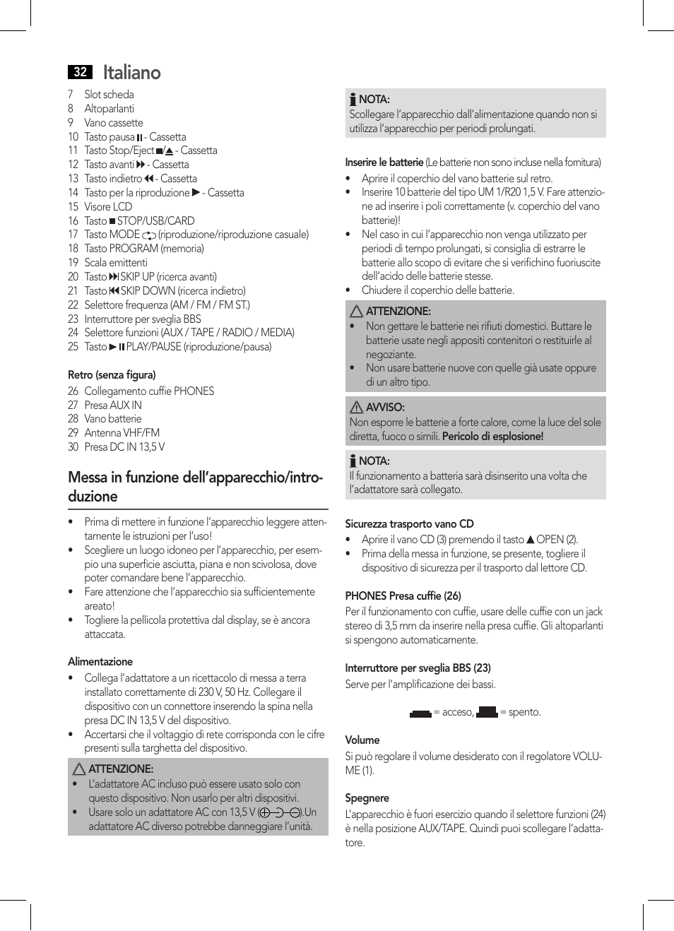 Italiano, Messa in funzione dell’apparecchio/intro- duzione | AEG SRP 4335 CD-MP3 User Manual | Page 32 / 70