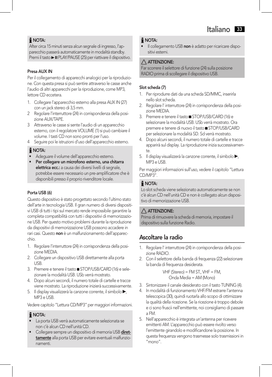 Italiano, Ascoltare la radio | AEG SRP 4335 CD-MP3 User Manual | Page 33 / 70