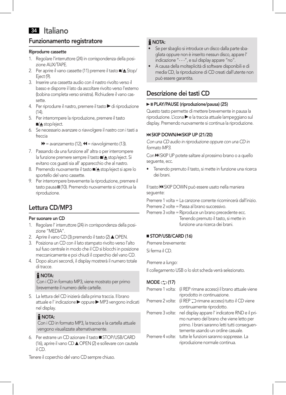 Italiano, Funzionamento registratore, Lettura cd/mp3 | Descrizione dei tasti cd | AEG SRP 4335 CD-MP3 User Manual | Page 34 / 70