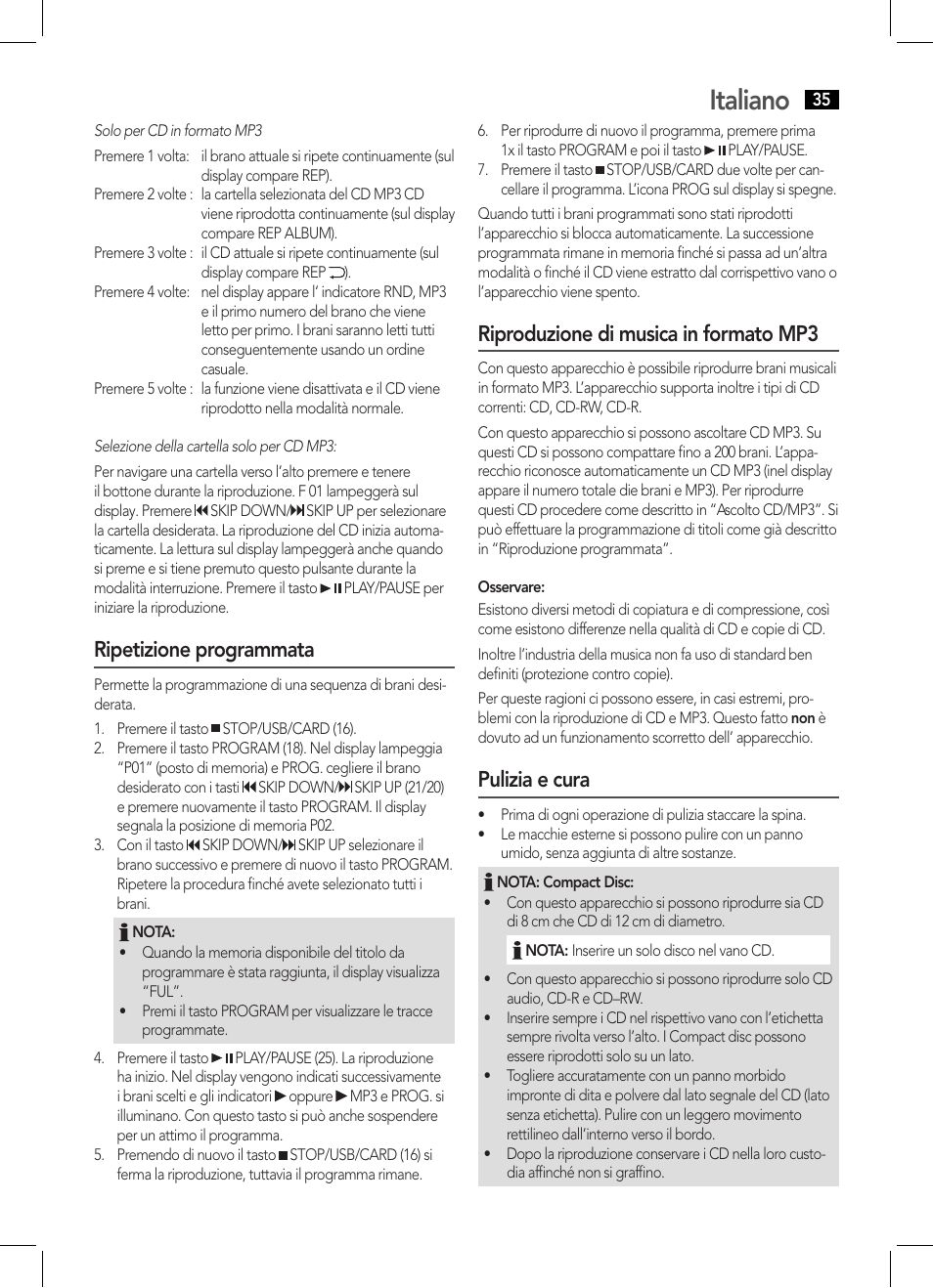 Italiano, Ripetizione programmata, Riproduzione di musica in formato mp3 | Pulizia e cura | AEG SRP 4335 CD-MP3 User Manual | Page 35 / 70