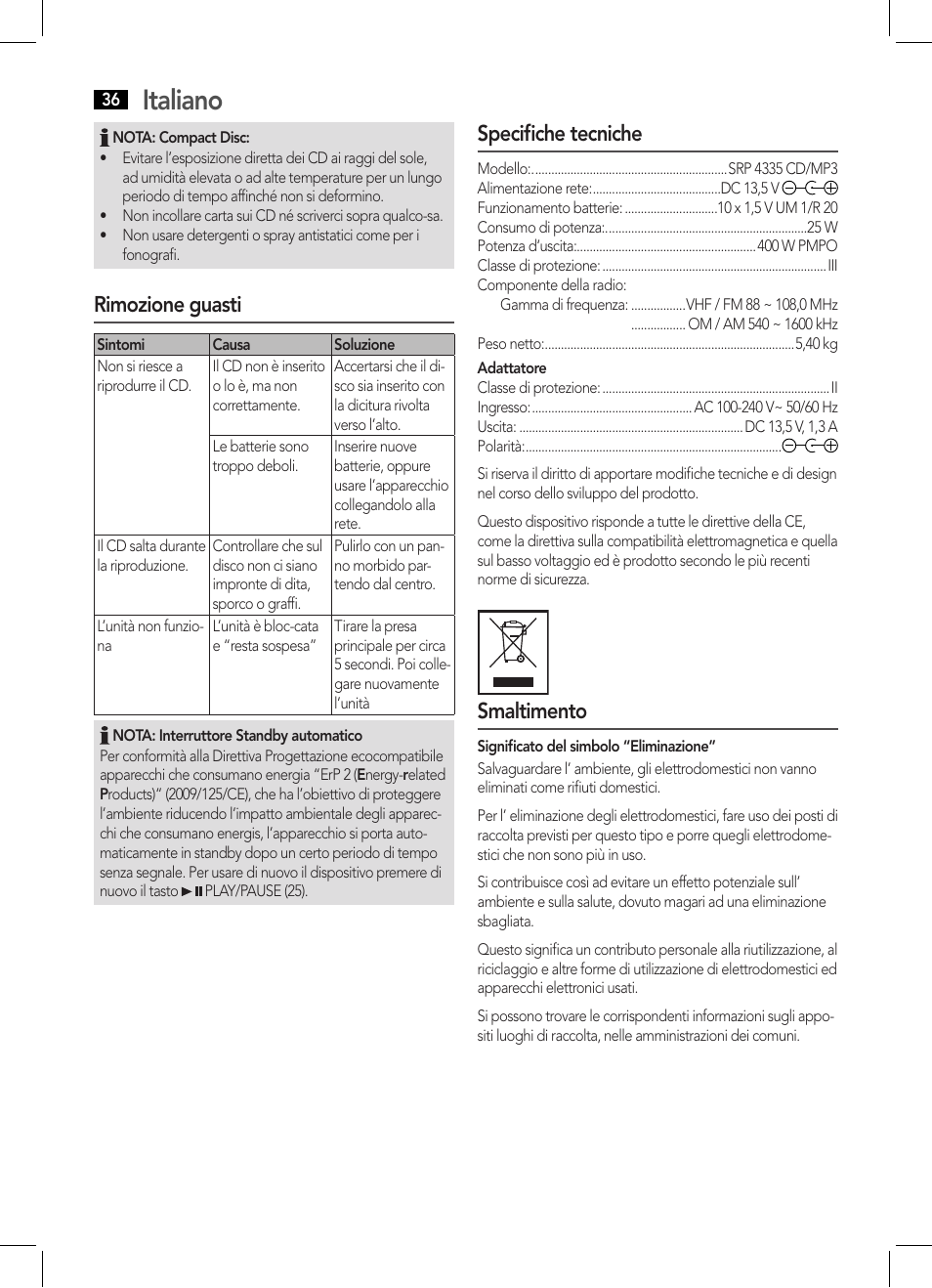 Italiano, Rimozione guasti, Specifiche tecniche | Smaltimento | AEG SRP 4335 CD-MP3 User Manual | Page 36 / 70