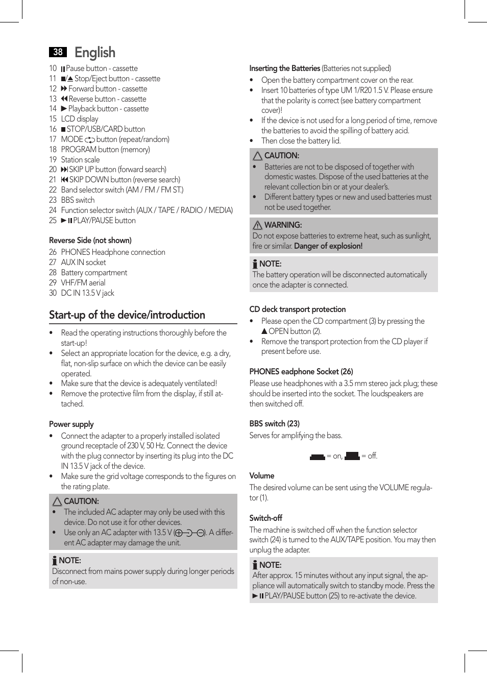 English, Start-up of the device/introduction | AEG SRP 4335 CD-MP3 User Manual | Page 38 / 70