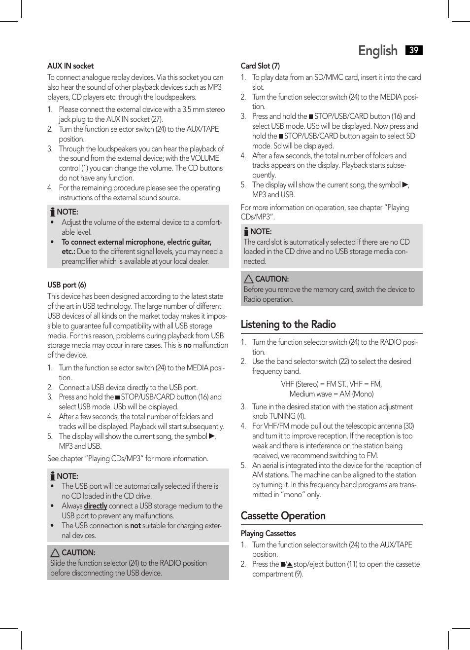 English, Listening to the radio, Cassette operation | AEG SRP 4335 CD-MP3 User Manual | Page 39 / 70