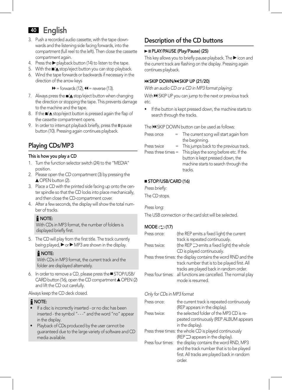 English, Playing cds/mp3, Description of the cd buttons | AEG SRP 4335 CD-MP3 User Manual | Page 40 / 70