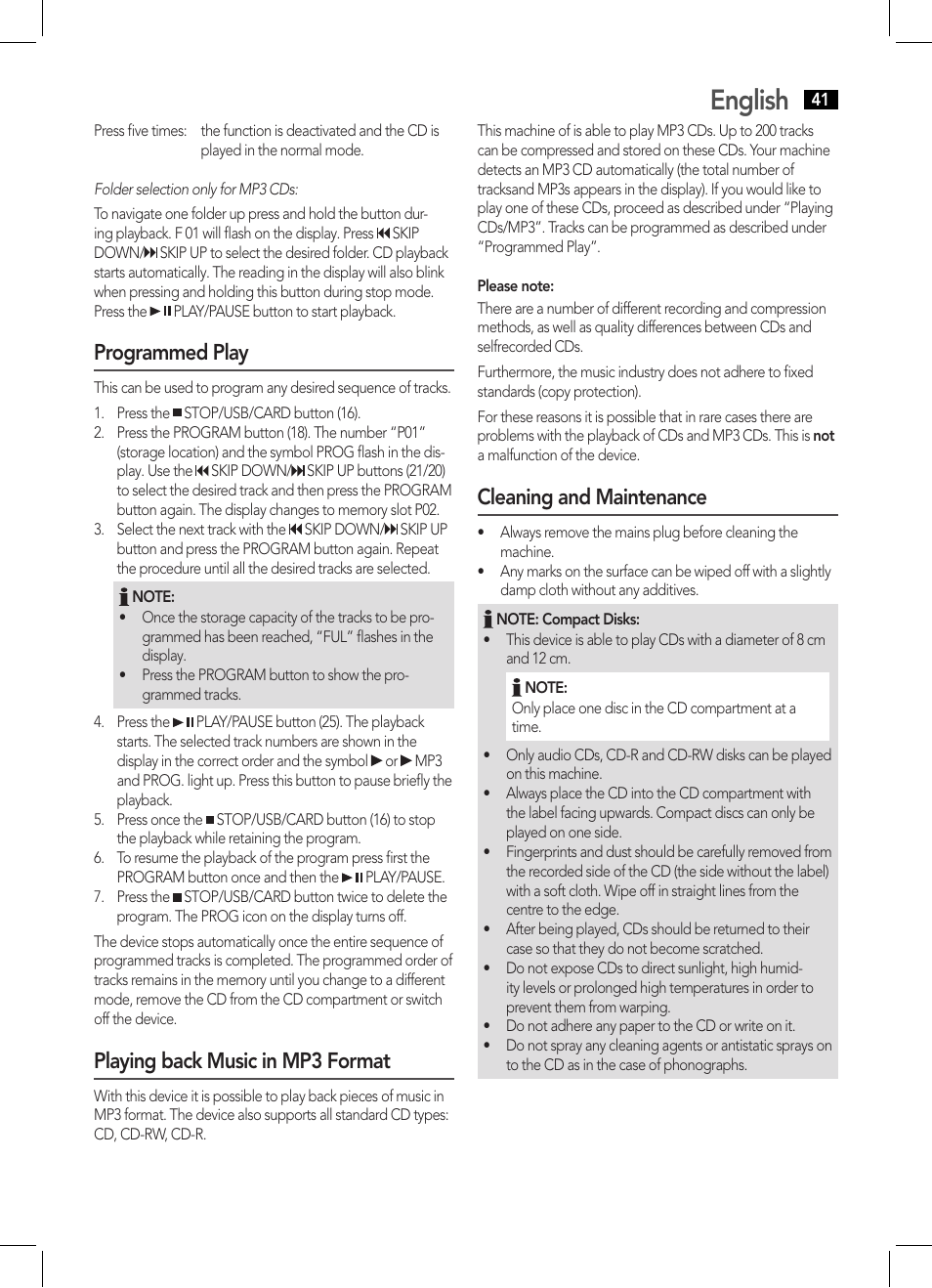 English, Programmed play, Playing back music in mp3 format | Cleaning and maintenance | AEG SRP 4335 CD-MP3 User Manual | Page 41 / 70