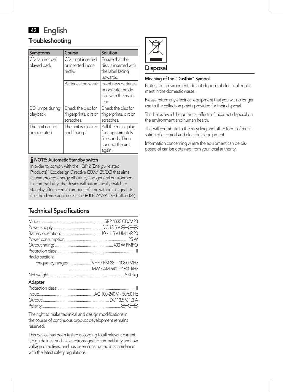 English, Troubleshooting, Technical specifications | Disposal | AEG SRP 4335 CD-MP3 User Manual | Page 42 / 70