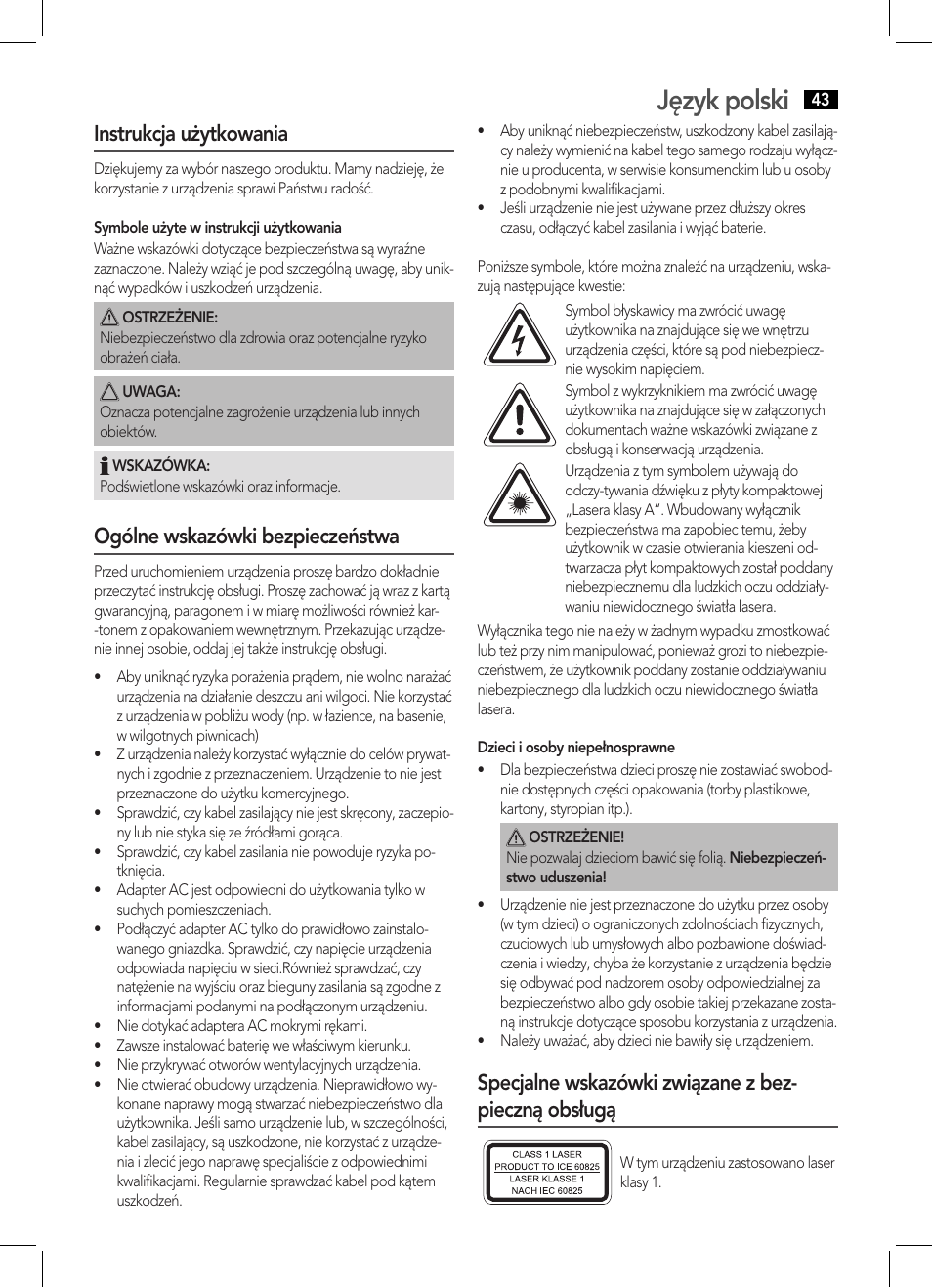 Język polski, Instrukcja użytkowania, Ogólne wskazówki bezpieczeństwa | AEG SRP 4335 CD-MP3 User Manual | Page 43 / 70
