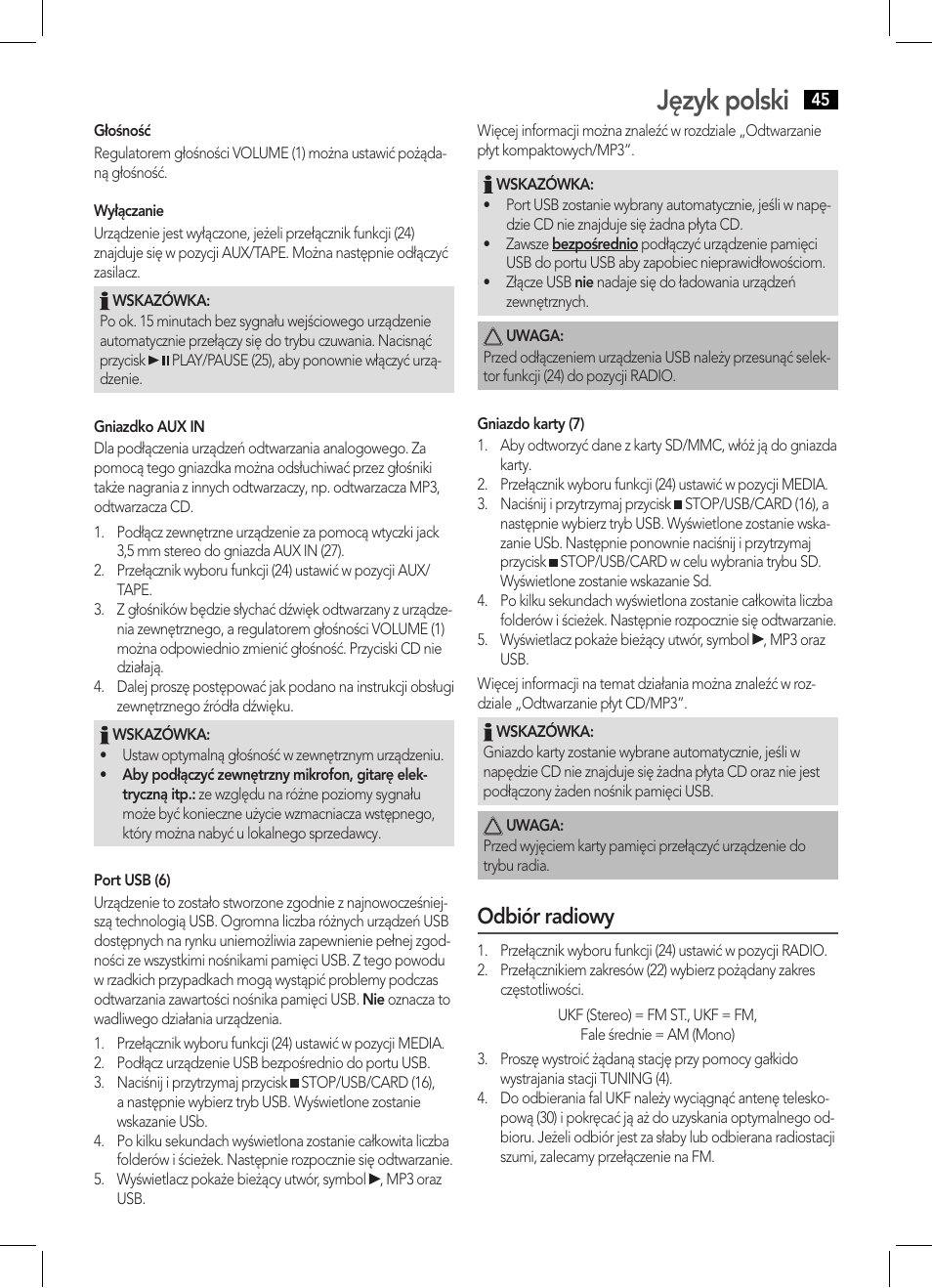 Język polski, Odbiór radiowy | AEG SRP 4335 CD-MP3 User Manual | Page 45 / 70