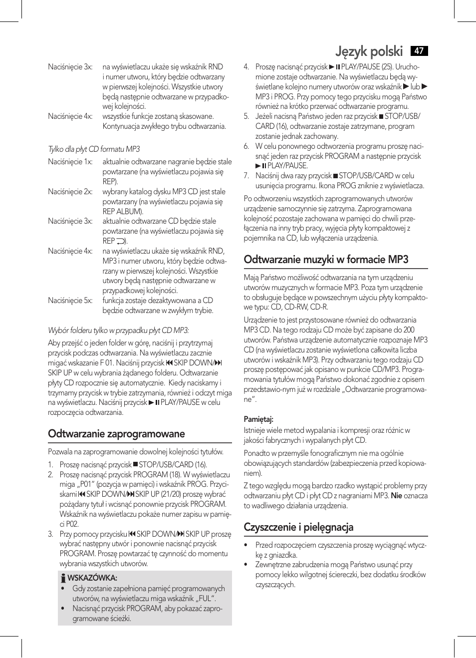 Język polski, Odtwarzanie zaprogramowane, Odtwarzanie muzyki w formacie mp3 | Czyszczenie i pielęgnacja | AEG SRP 4335 CD-MP3 User Manual | Page 47 / 70