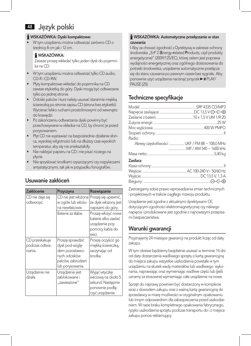 Język polski, Usuwanie zakłóceń, Techniczne specyfikacje | Warunki gwarancji | AEG SRP 4335 CD-MP3 User Manual | Page 48 / 70