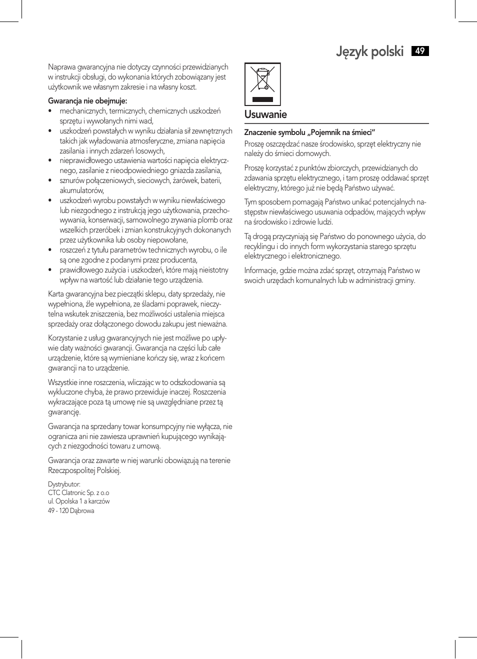 Język polski, Usuwanie | AEG SRP 4335 CD-MP3 User Manual | Page 49 / 70