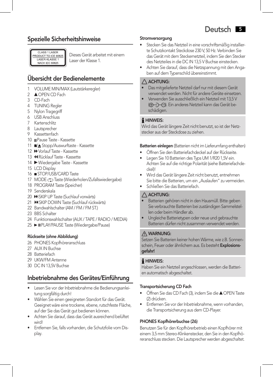 Deutsch, Spezielle sicherheitshinweise, Übersicht der bedienelemente | Inbetriebnahme des gerätes/einführung | AEG SRP 4335 CD-MP3 User Manual | Page 5 / 70