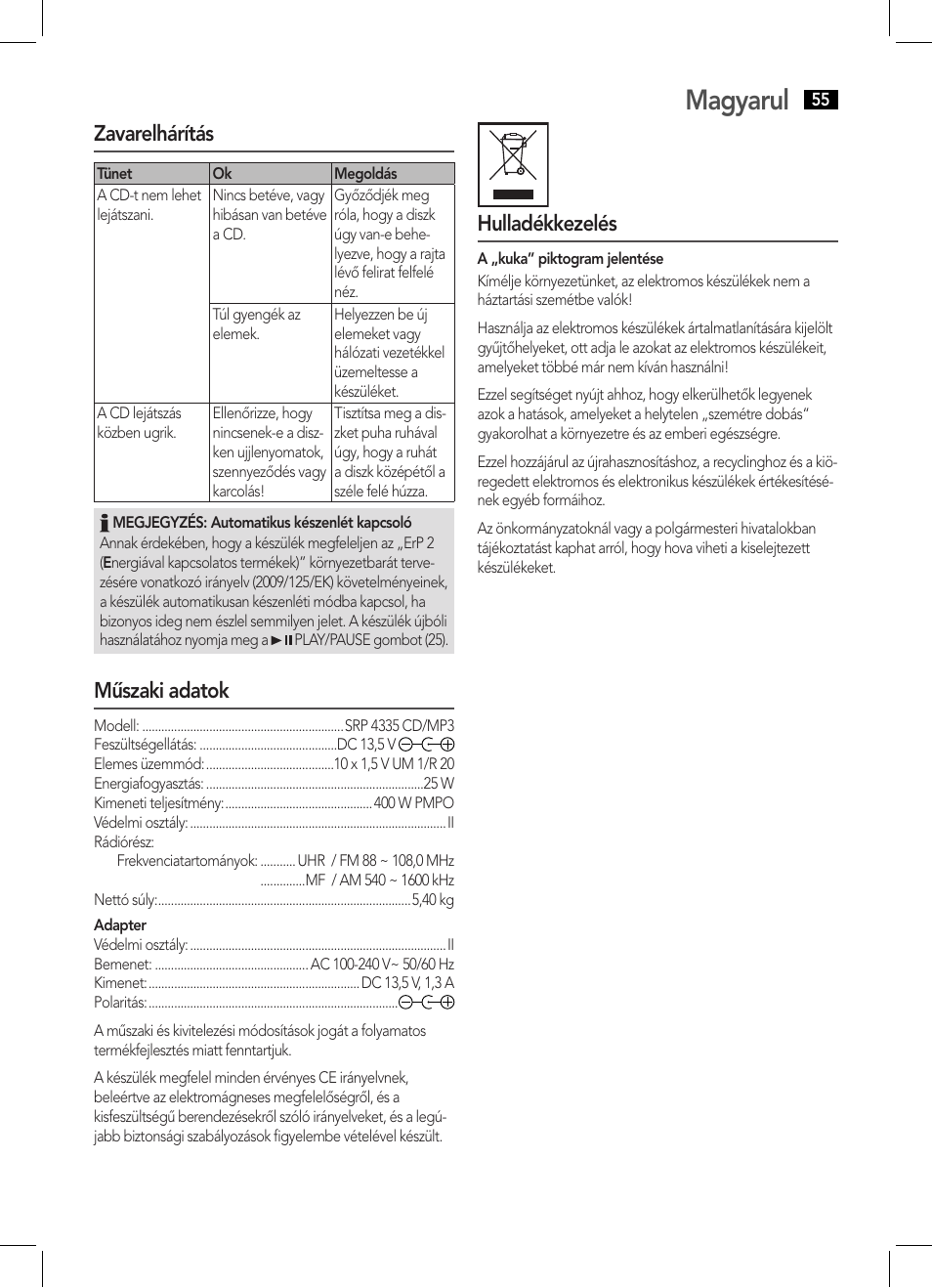 Magyarul, Zavarelhárítás, Műszaki adatok | Hulladékkezelés | AEG SRP 4335 CD-MP3 User Manual | Page 55 / 70