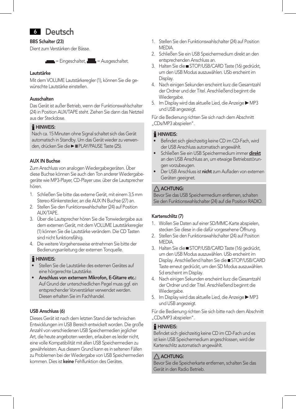 Deutsch | AEG SRP 4335 CD-MP3 User Manual | Page 6 / 70