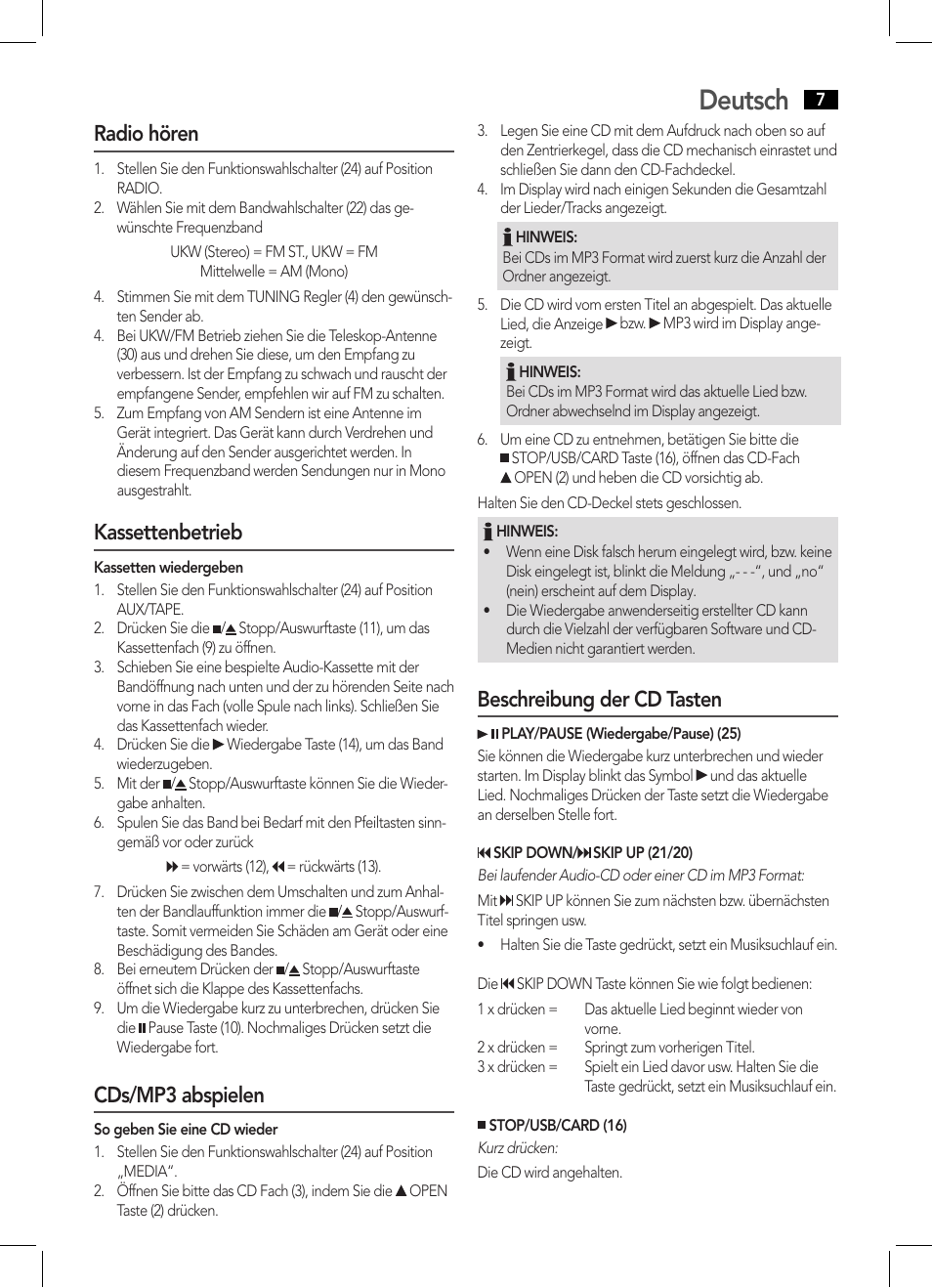 Deutsch, Radio hören, Kassettenbetrieb | Cds/mp3 abspielen, Beschreibung der cd tasten | AEG SRP 4335 CD-MP3 User Manual | Page 7 / 70