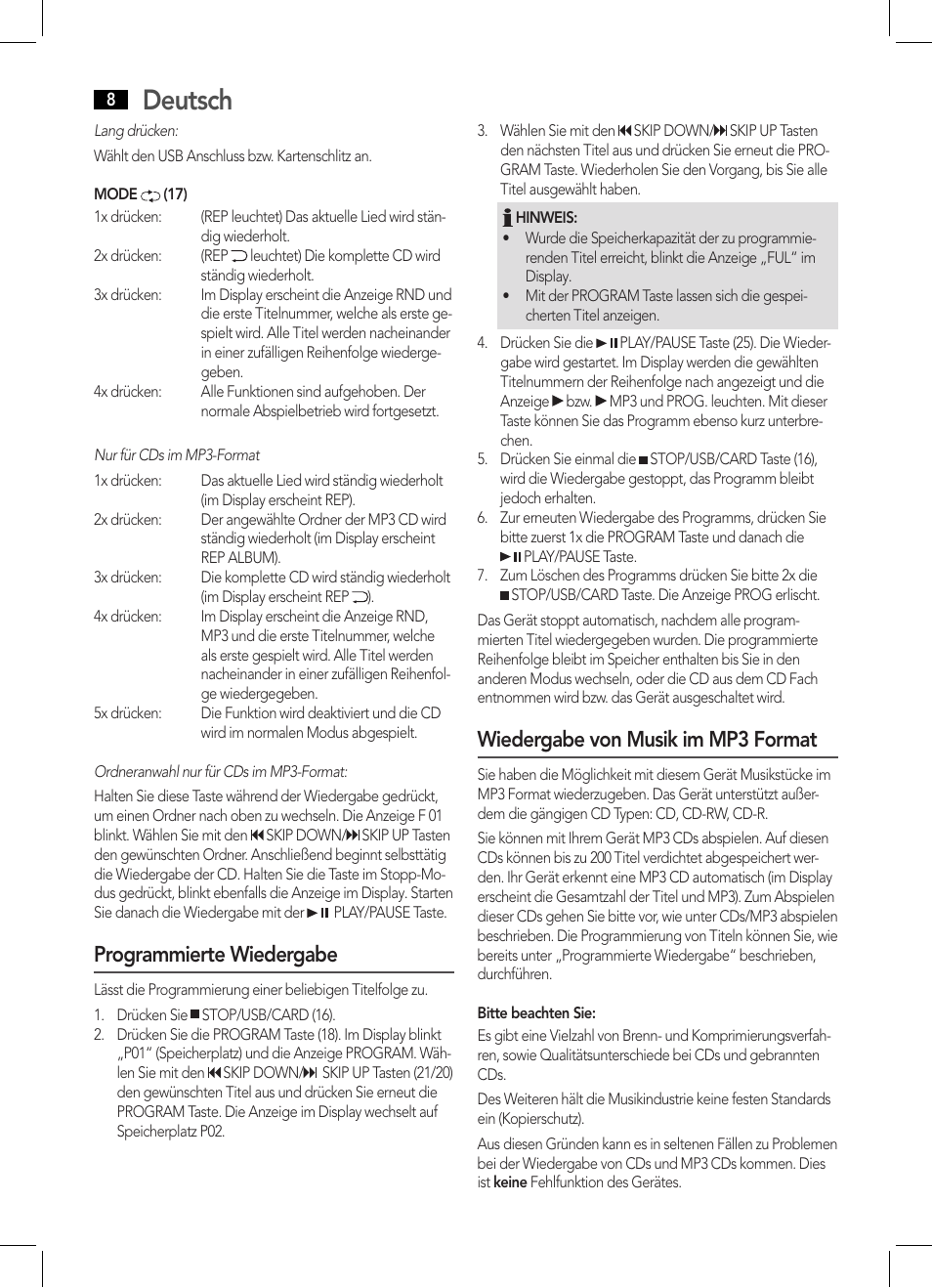 Deutsch, Programmierte wiedergabe, Wiedergabe von musik im mp3 format | AEG SRP 4335 CD-MP3 User Manual | Page 8 / 70