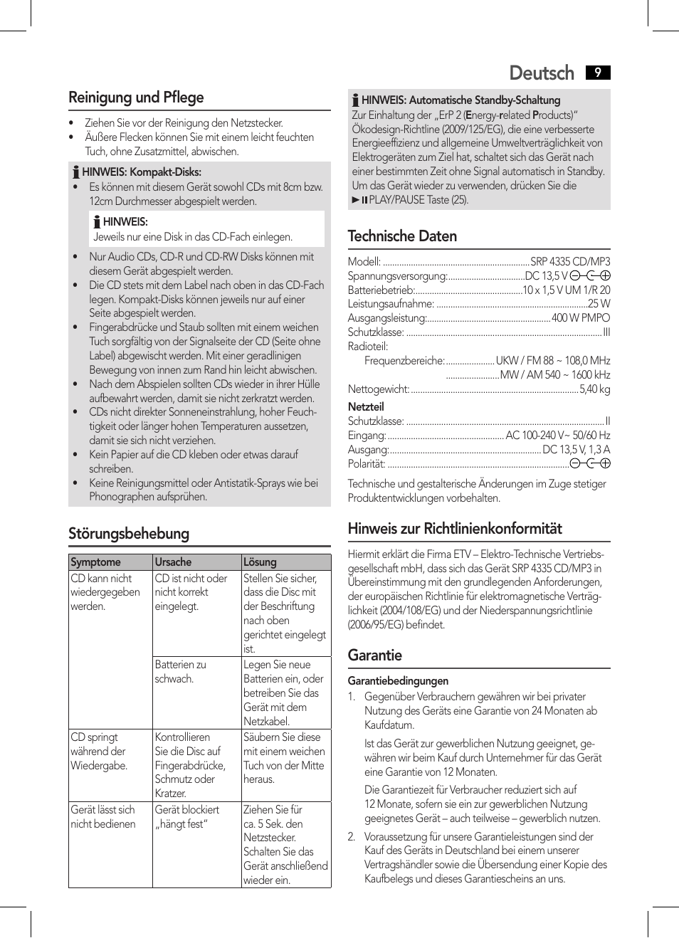 Deutsch, Reinigung und pflege, Störungsbehebung | Technische daten, Hinweis zur richtlinienkonformität, Garantie | AEG SRP 4335 CD-MP3 User Manual | Page 9 / 70