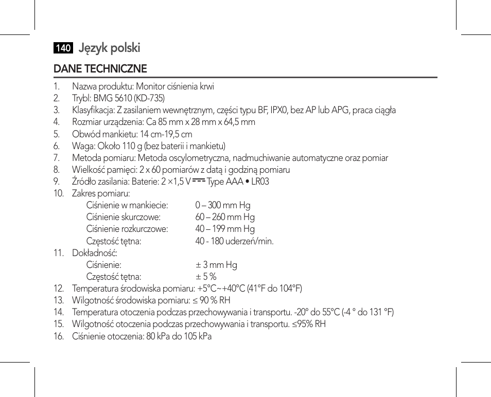 Dane techniczne, Język polski | AEG BMG 5610 User Manual | Page 140 / 246