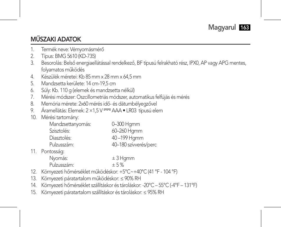 Műszaki adatok, Magyarul | AEG BMG 5610 User Manual | Page 163 / 246