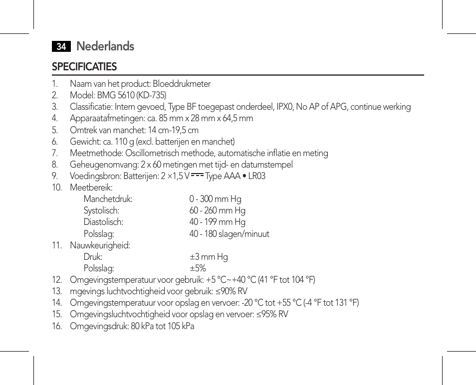 Specificaties, Nederlands | AEG BMG 5610 User Manual | Page 34 / 246