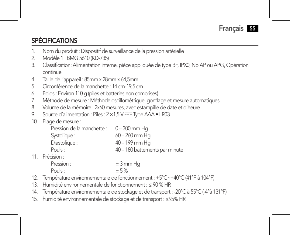 Spécifications, Français | AEG BMG 5610 User Manual | Page 55 / 246