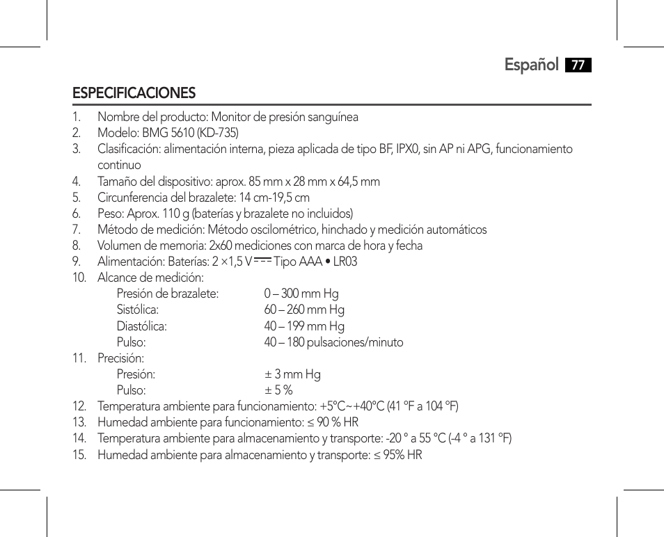 Especificaciones, Español | AEG BMG 5610 User Manual | Page 77 / 246