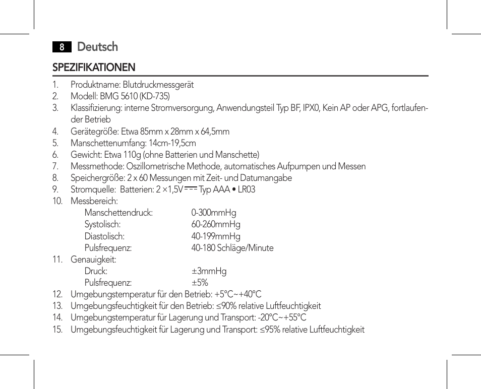 Spezifikationen, Deutsch | AEG BMG 5610 User Manual | Page 8 / 246