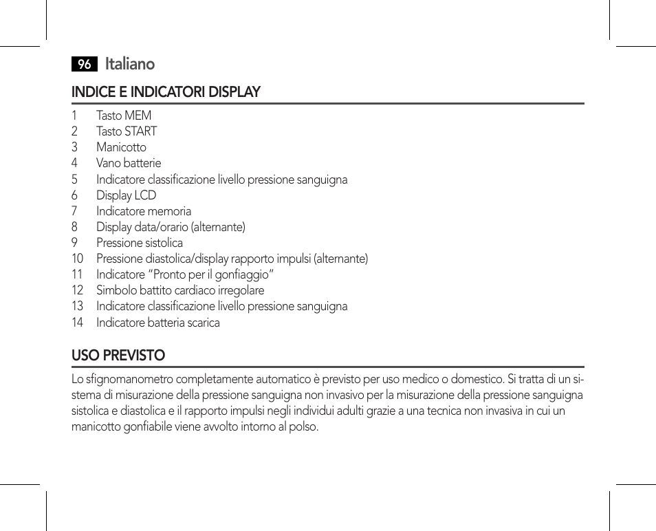 Indice e indicatori display uso previsto, Italiano | AEG BMG 5610 User Manual | Page 96 / 246