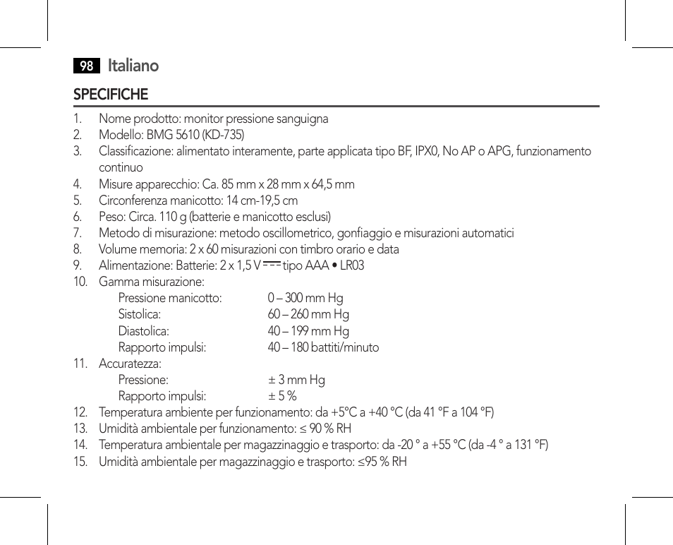 Specifiche, Italiano | AEG BMG 5610 User Manual | Page 98 / 246