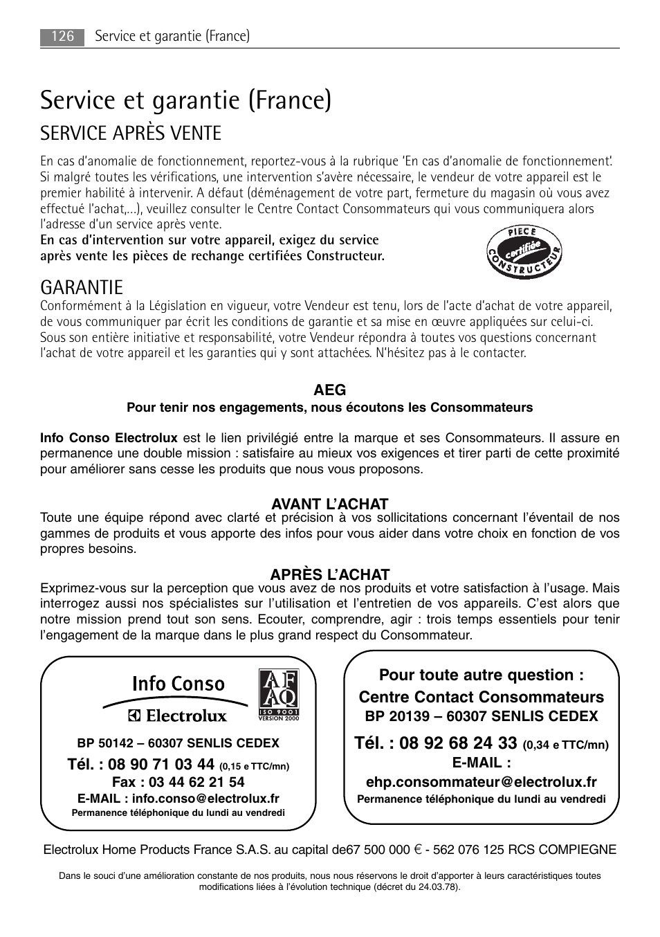 Service et garantie (france), Service après vente garantie | AEG MC2665E-M User Manual | Page 126 / 172