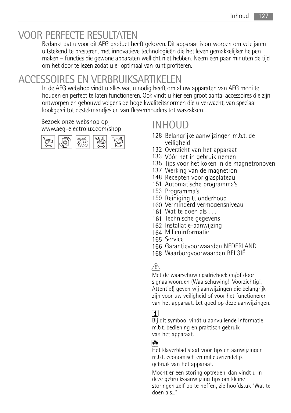Dutch 40 l_aeg guidelines-mg, Voor perfecte resultaten, Accessoires en verbruiksartikelen | Inhoud | AEG MC2665E-M User Manual | Page 127 / 172