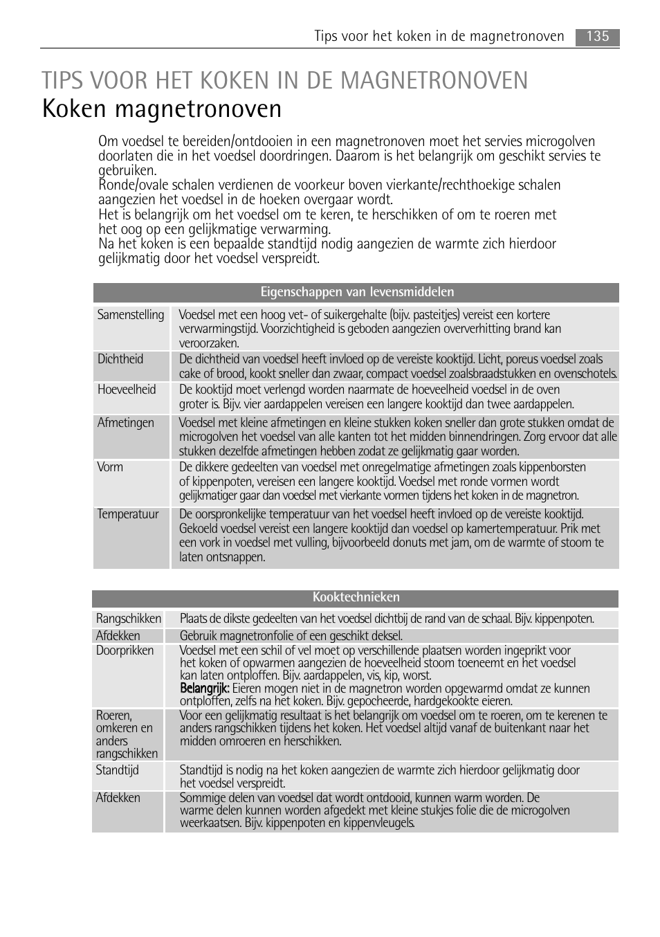 Koken magnetronoven, Tips voor het koken in de magnetronoven | AEG MC2665E-M User Manual | Page 135 / 172