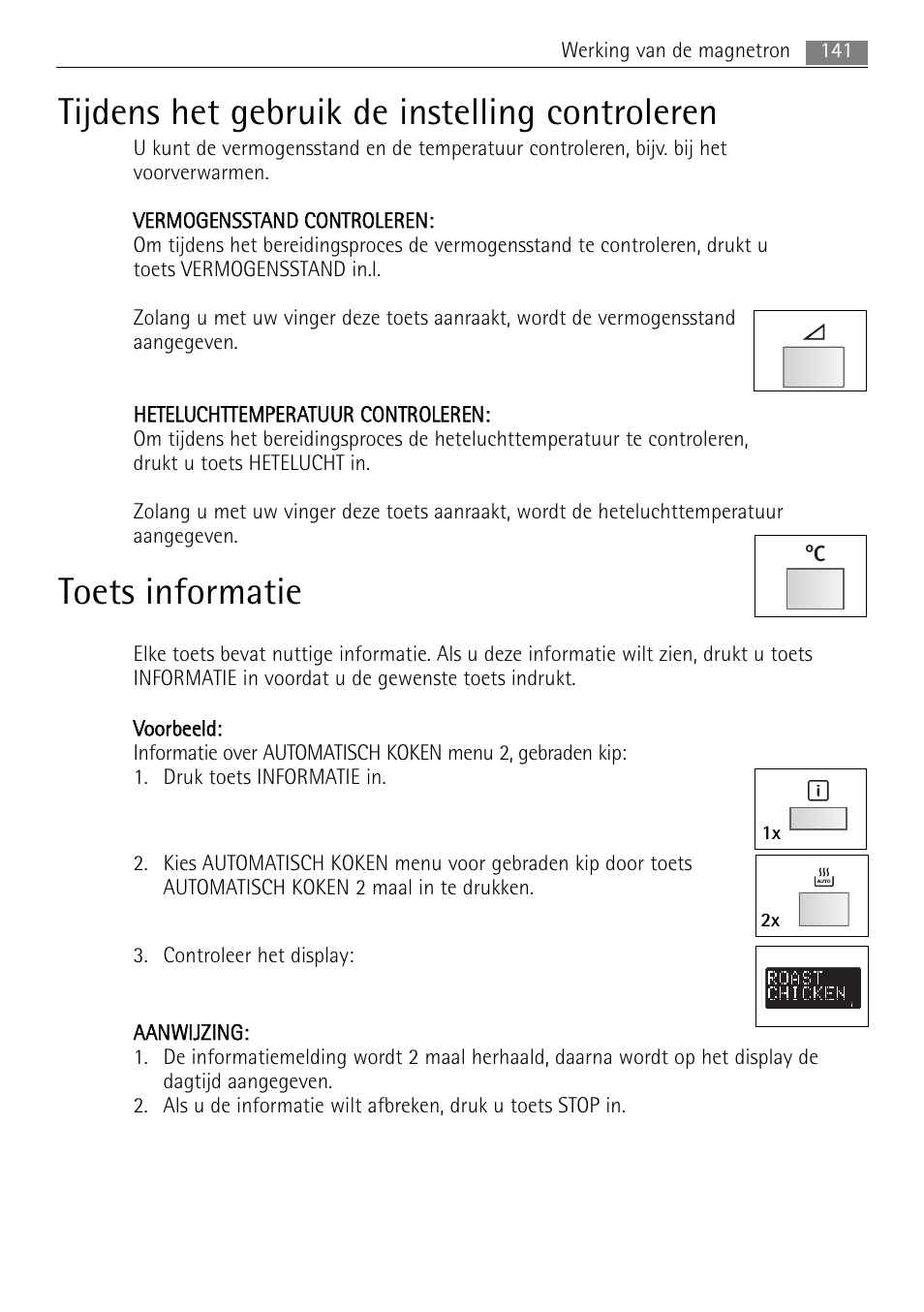 Tijdens het gebruik de instelling controleren, Toets informatie | AEG MC2665E-M User Manual | Page 141 / 172
