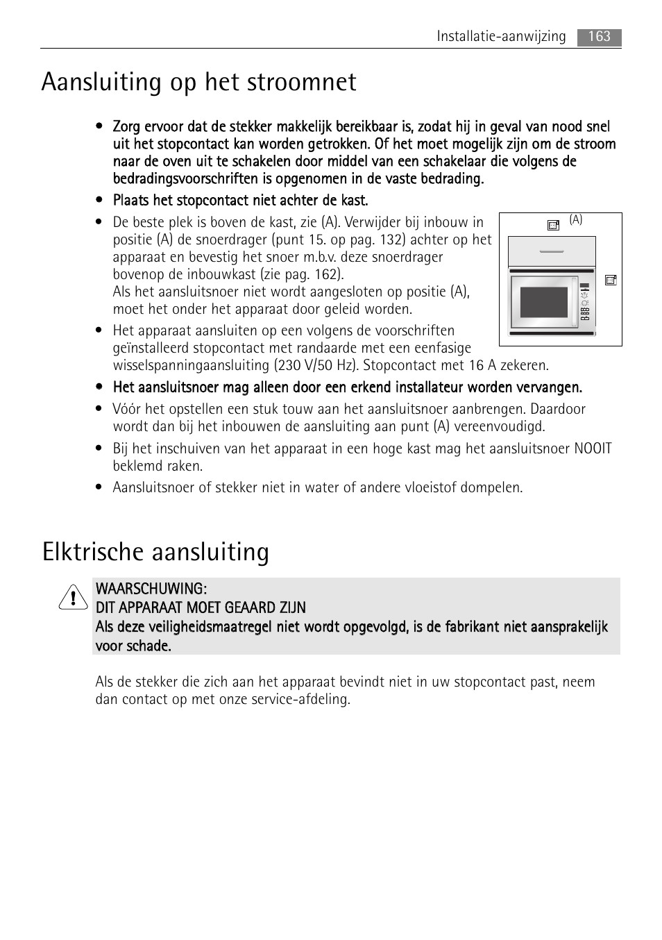 Aansluiting op het stroomnet, Elktrische aansluiting | AEG MC2665E-M User Manual | Page 163 / 172