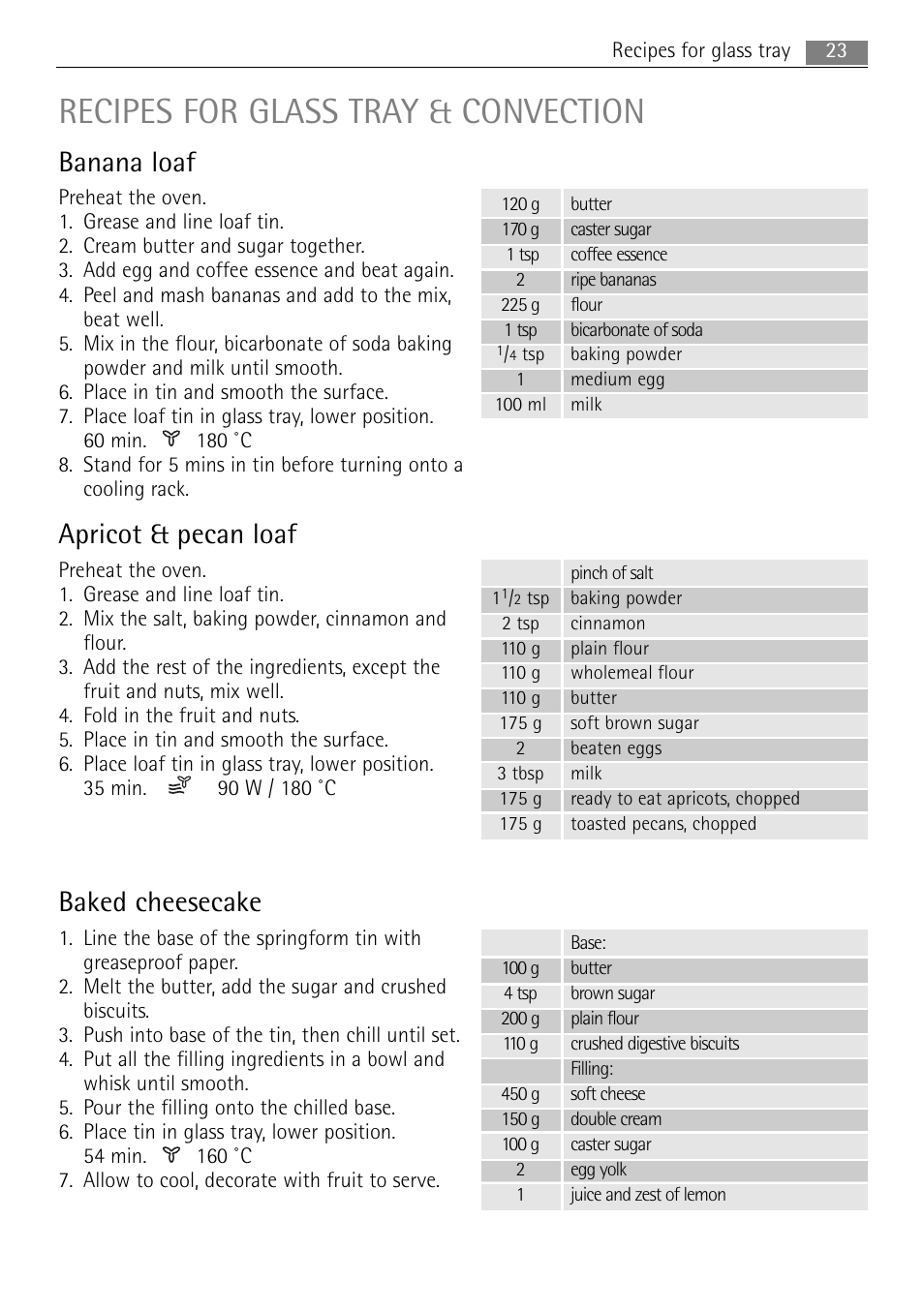 Recipes for glass tray & convection, Banana loaf, Apricot & pecan loaf | Baked cheesecake | AEG MC2665E-M User Manual | Page 23 / 172