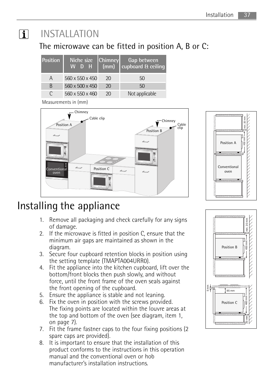 Installing the appliance, Installation, The microwave can be fitted in position a, b or c | 37 installation | AEG MC2665E-M User Manual | Page 37 / 172