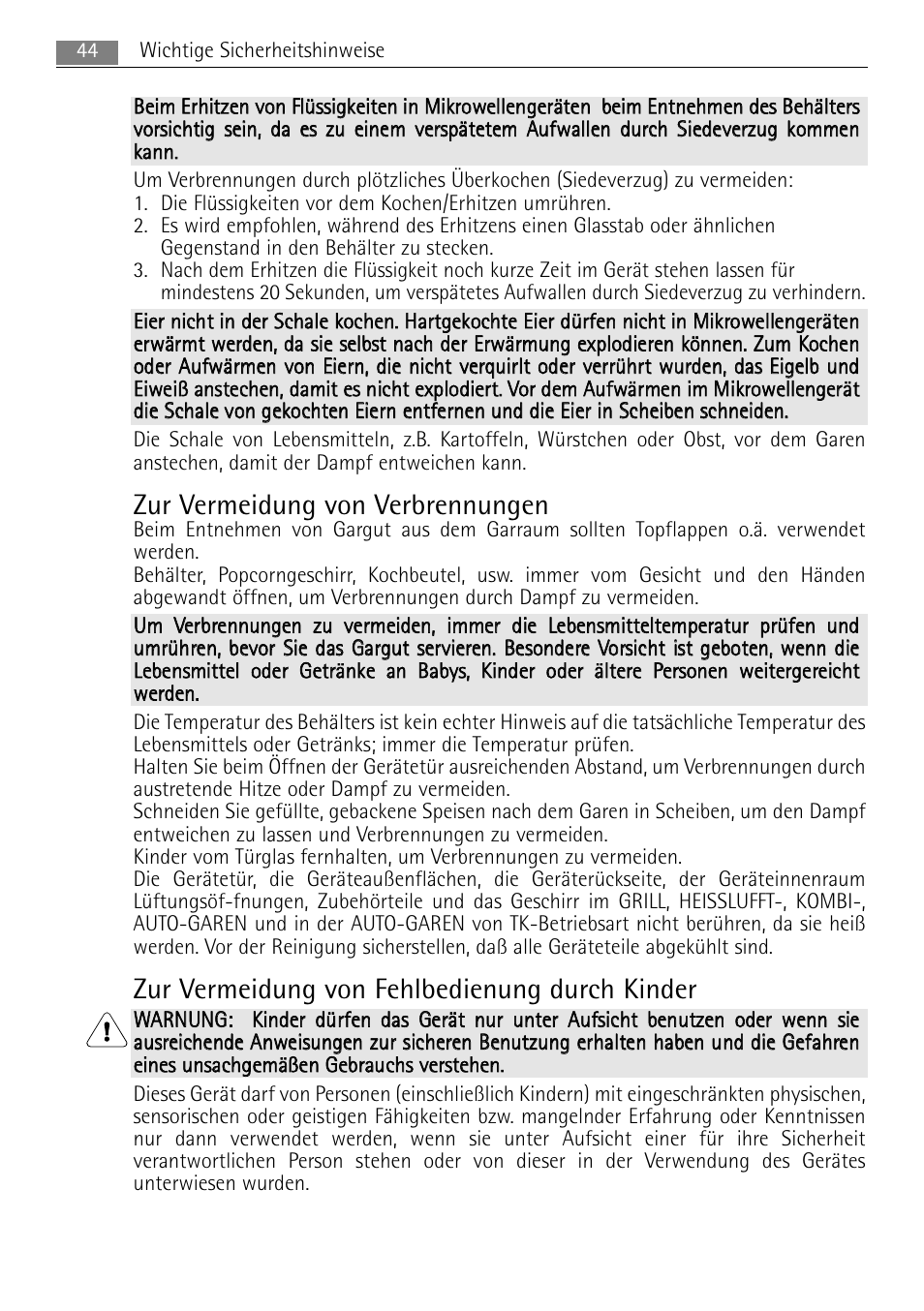 Zur vermeidung von verbrennungen, Zur vermeidung von fehlbedienung durch kinder | AEG MC2665E-M User Manual | Page 44 / 172