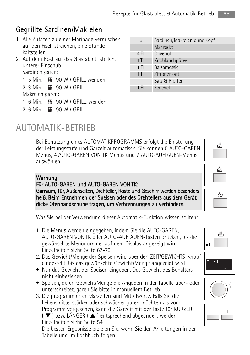Automatik-betrieb, Gegrillte sardinen/makrelen | AEG MC2665E-M User Manual | Page 65 / 172